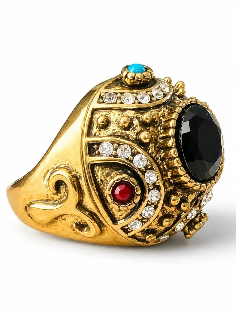Gold-Tone Multi Gem Statement Ring - Black, Turquoise & Red Accents